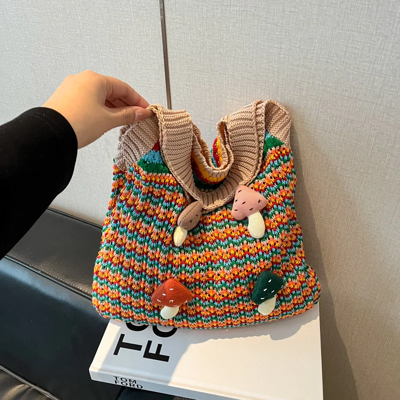 New  Knit Women's Shoulder Bag: Large Capacity Tote with 3D Mushroom Decor, Retro Soft Colorblock, Fashionable for Trendy Girls