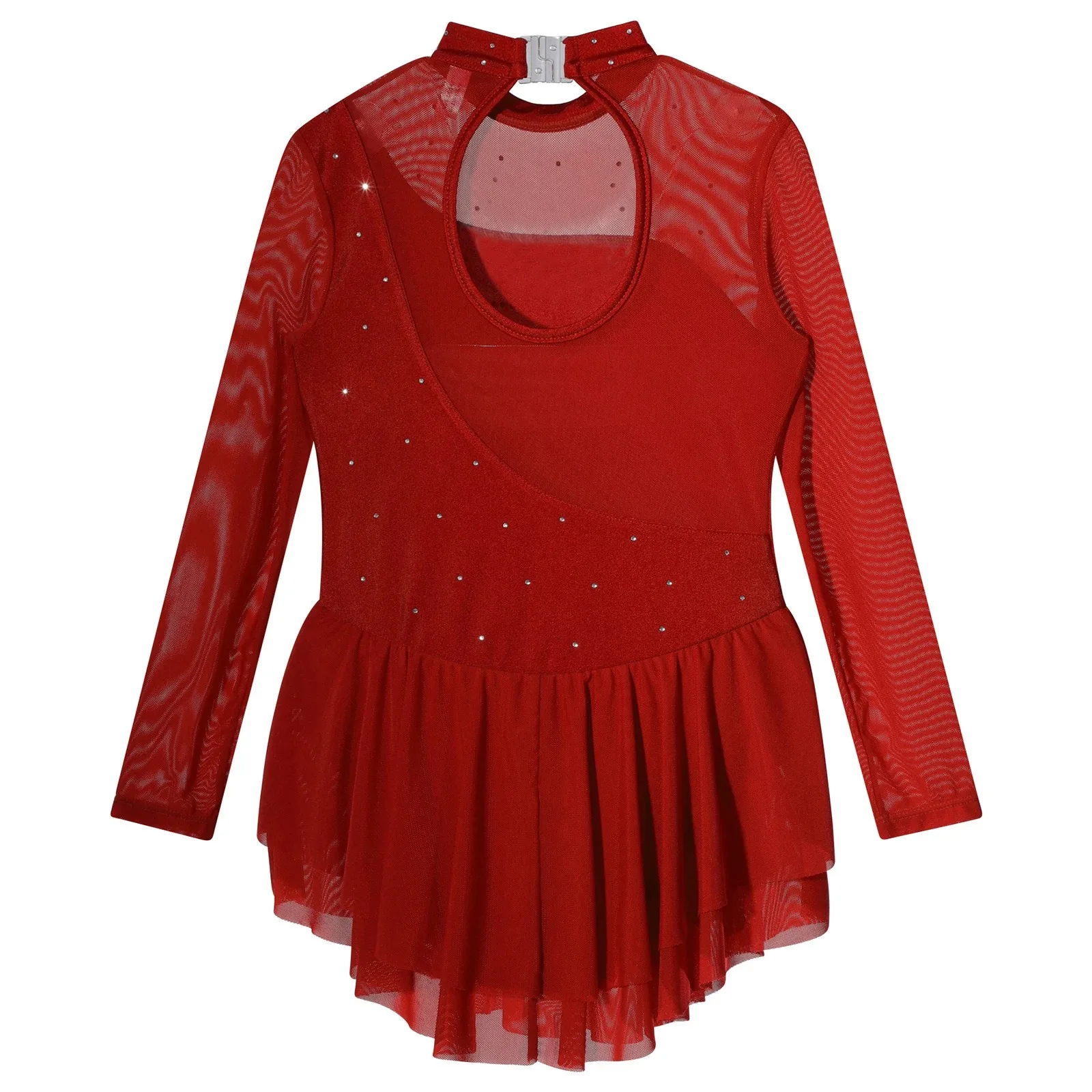 Shiny Rhinestone Figure Skating Dance Dress for Kids Girls Ballerina Tutu Dance Clothes Long Sleeve Round Neckline Ballet Outfit