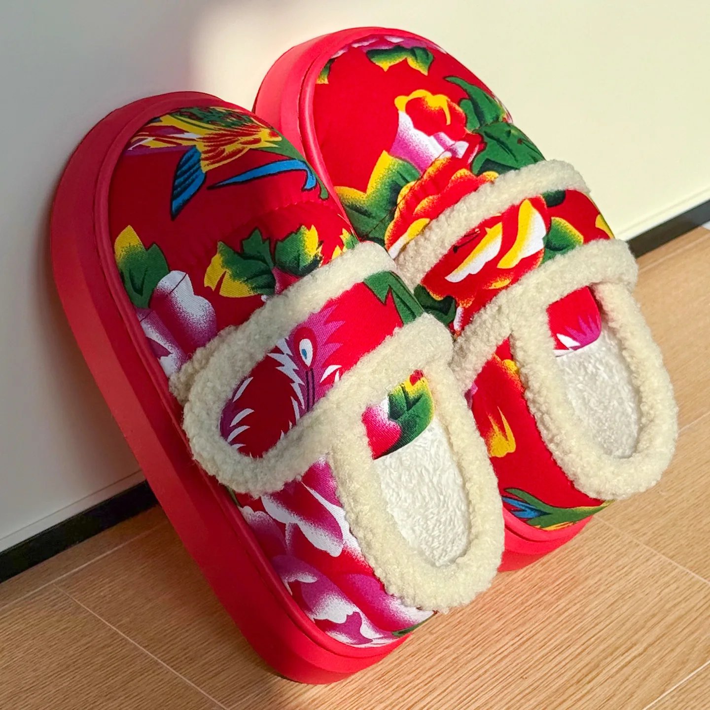 Northeast big flower cotton shoes women's winter wear thick-soled non-slip home plush warm bag and cotton slippers wholesale