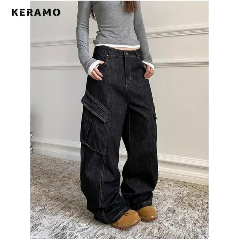 PB&ZA Women's Casual Harajuku Solid Color Jeans Y2K Wide Leg Vintage Aesthetic Emo Loose Washed Pants Punk Baggy Denim Trouser