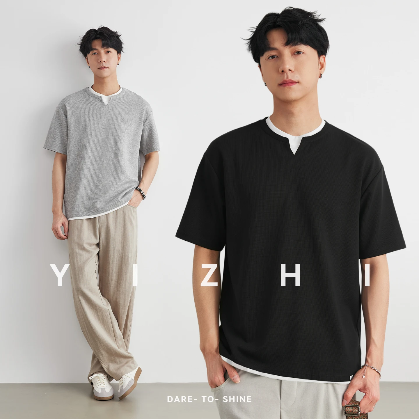 

Men's Small V Neck Contrast Binding Fake Two-Piece T-Shirt Summer Loose Henley Neck Breathable Casual Versatile Short Sleeve Top