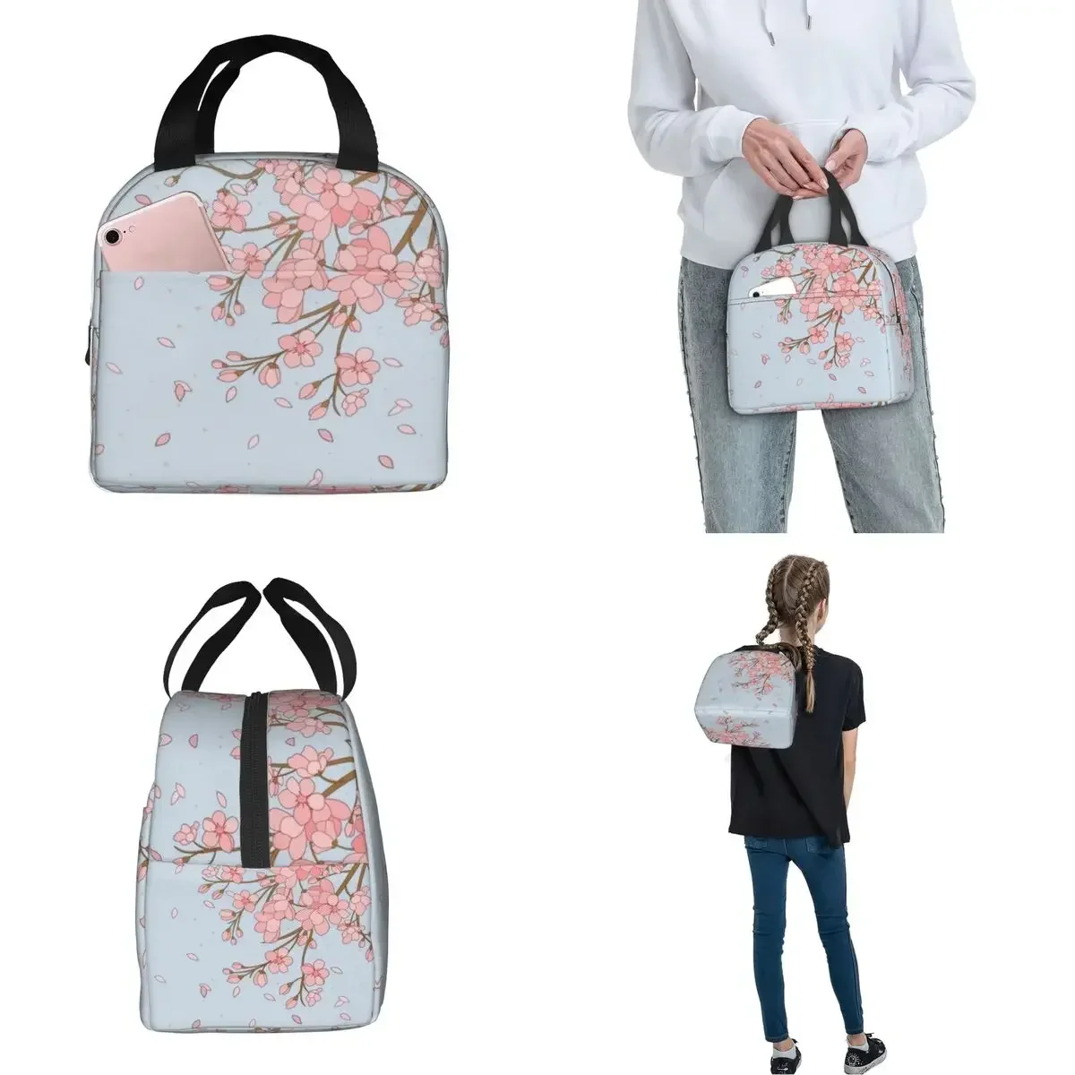 Japanische Kirschblüte rosa Druck isolierte Lunch pakete auslaufs ichere wieder verwendbare Thermo tasche Einkaufstasche Lunchbox Arbeit Lebensmittel Aufbewahrung beutel