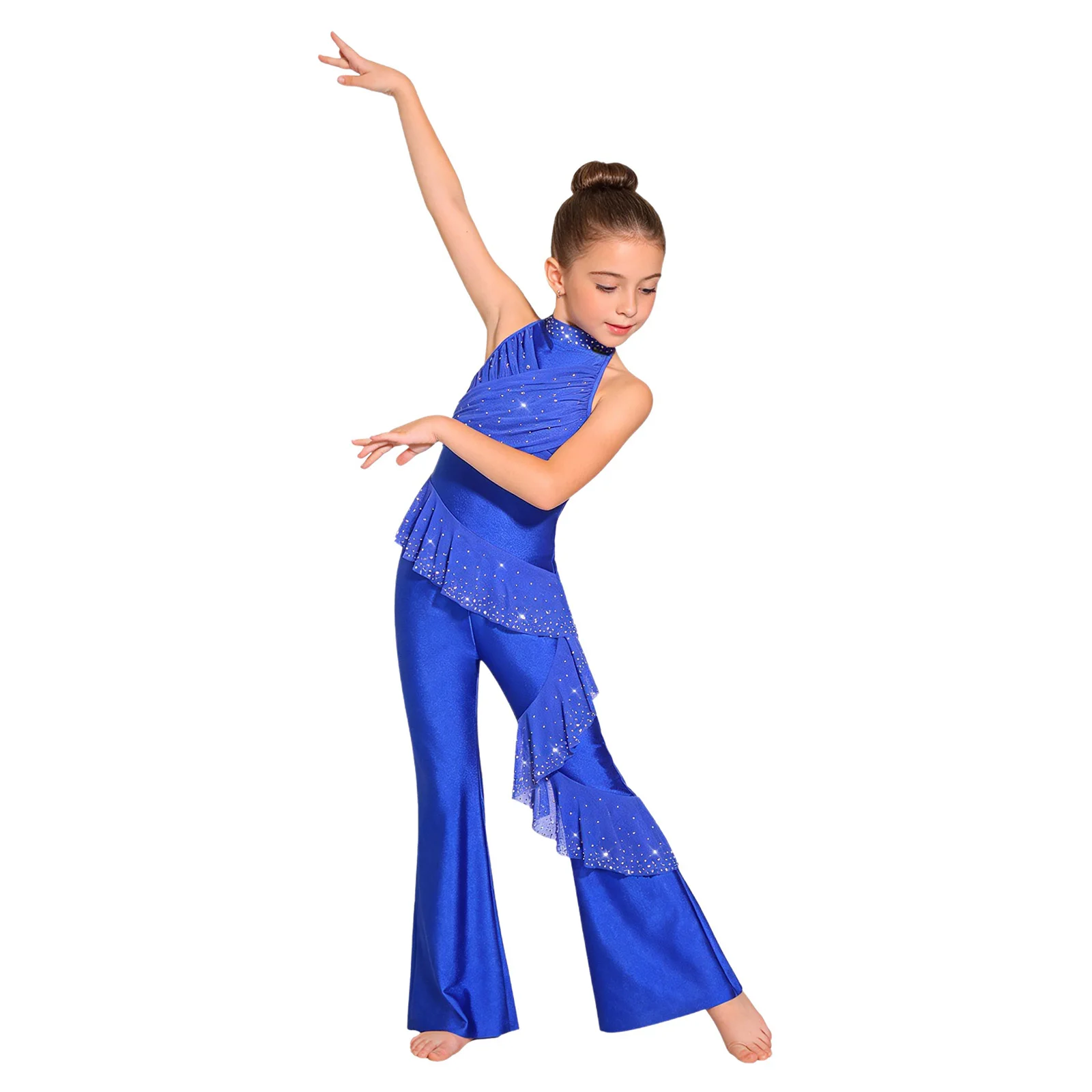 

Kids Girls Jazz Latin Tango Dance Jumpsuit Shiny Rhinestones Figure Skating Performance Costume Sleeveless Mesh Ruffles Bodysuit