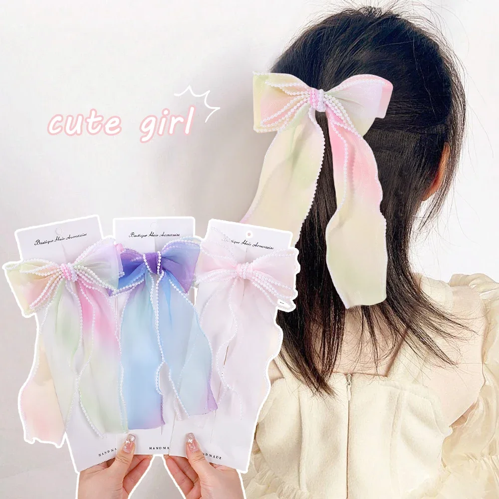 

LOVEKIKI 8 Inch Girls Fairy Ribbon Bow Hair Clip Gradient Color Gauze Lace Edge Ponytail Hairgripes Womens Hair Accessories