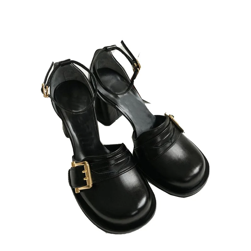New Round Toe Thick Heel Hollow Out High Heel Sandals Metal Decor Belt Buckle Shallow Mouth Sandals Buckle Strap Mary Jane Pumps