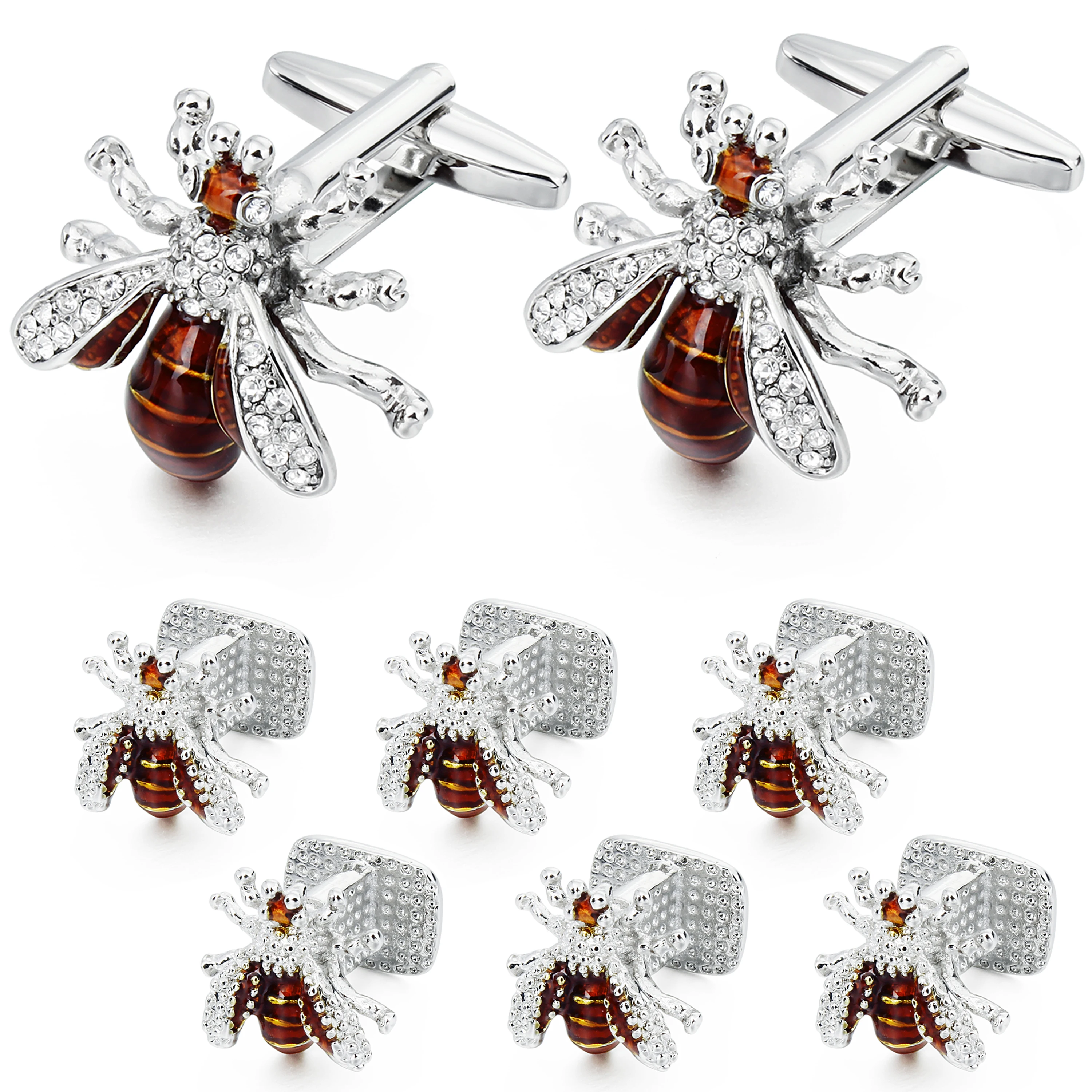 HAWSON Crystal Bee Cufflinks and Studs Set for Men,Tuxedo Luxury bee cufflinks man Gift for party