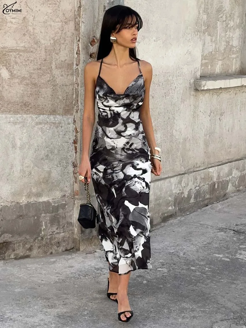 

Oymimi Elegant Black Print Dresses For Woman Fashion Spaghetti Strap Open Back Lace-Up Dresses Autumn Zipper Mid-Calf Dress