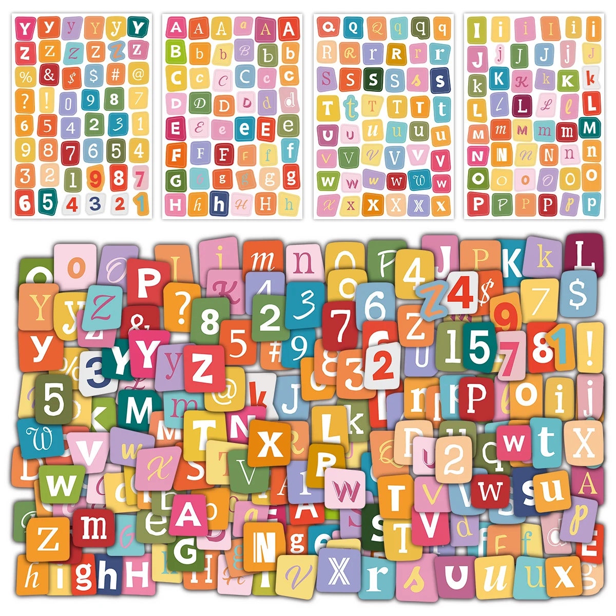 4 hojas-192 piezas de pegatinas coloridas con letras y números del alfabeto para diario, álbum de recortes, oficina, suministros de etiquetas para proyectos escolares