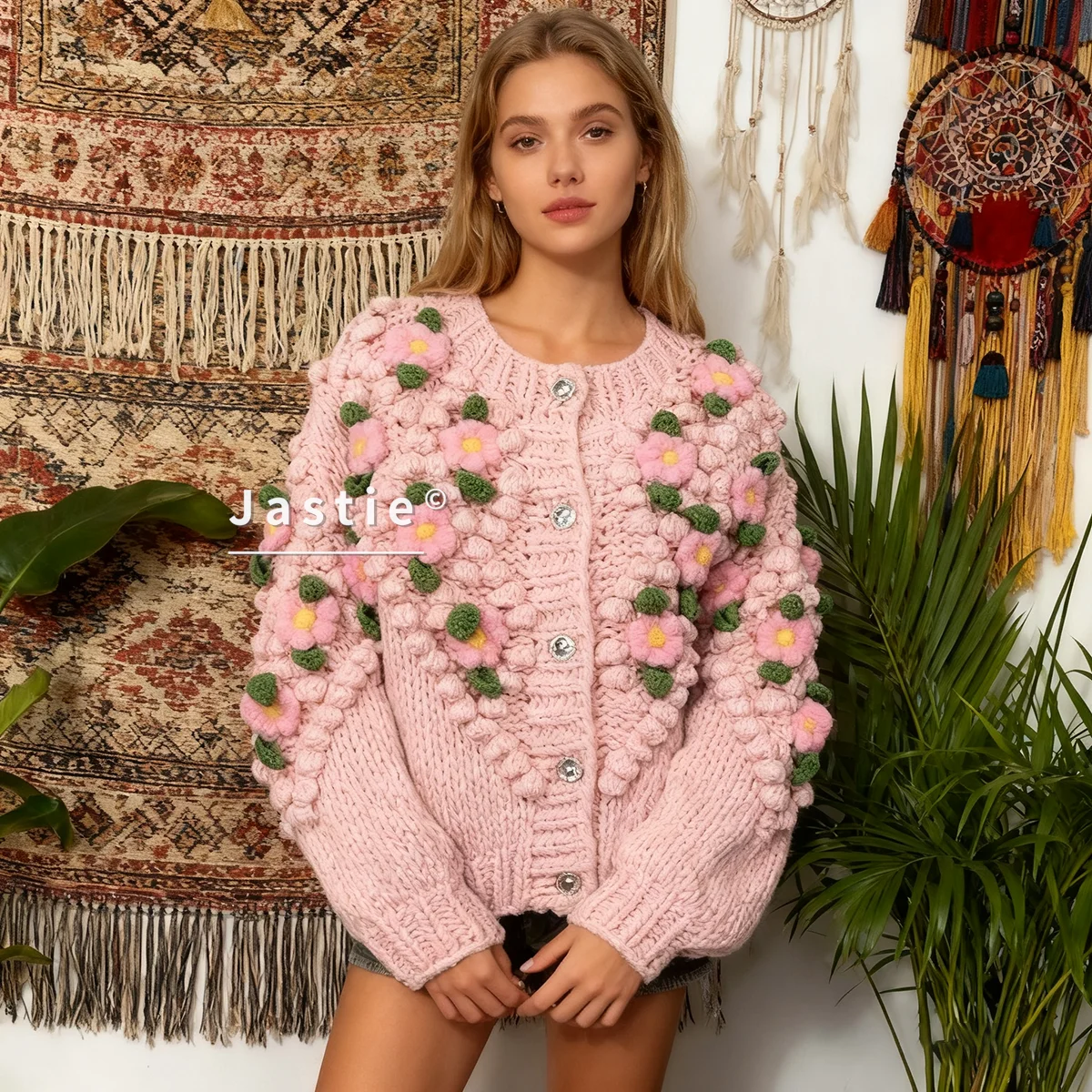 

Розовый богемный свитер ручной работы с цветочным принтом, женский свитер 2026, осень/зима, вязаный кардиган с длинными рукавами и круглым вырезом, повседневный свитер, куртка