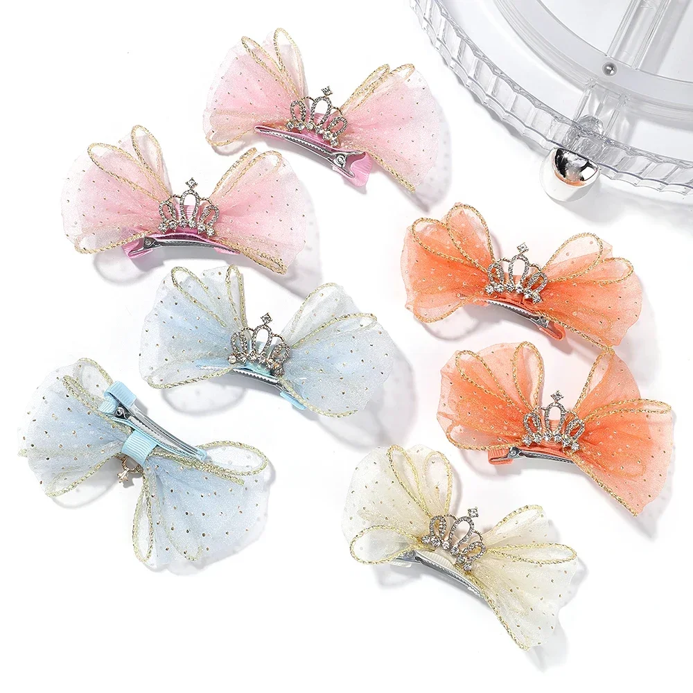 

2Pcs Girl Hair Clips Lovely Organza Bow Hairpins for Kids Barrettes Zircon Crown Hair Ornaments Children Baby Hair Accessories