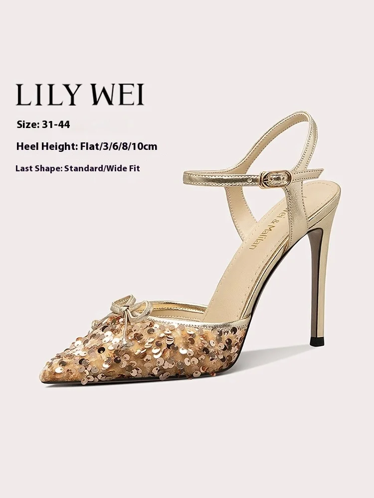 

Summer new printed fabric sequins widened version low-heeled sandals thin high-heeled banquet large size small size women's shoe