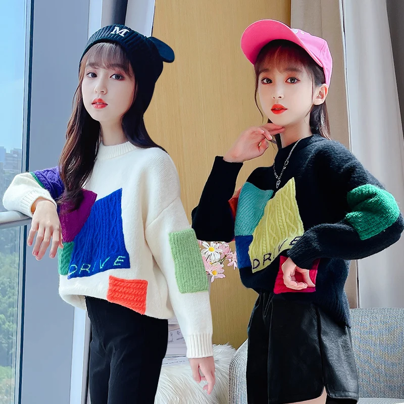 

Children's warm sweater 2022 new colorblock long-sleeved girls knitted sweater round neck autumn winter coat baby's spring cheap