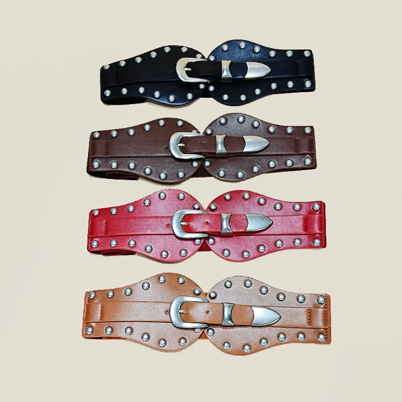 الرجعية السيدات بولي Leather الجلود مشد حزام القوطية نمط مطاطا برشام Cummerbund التعادل حبل فاسق ملحق للنساء قميص حزام ملابس #5