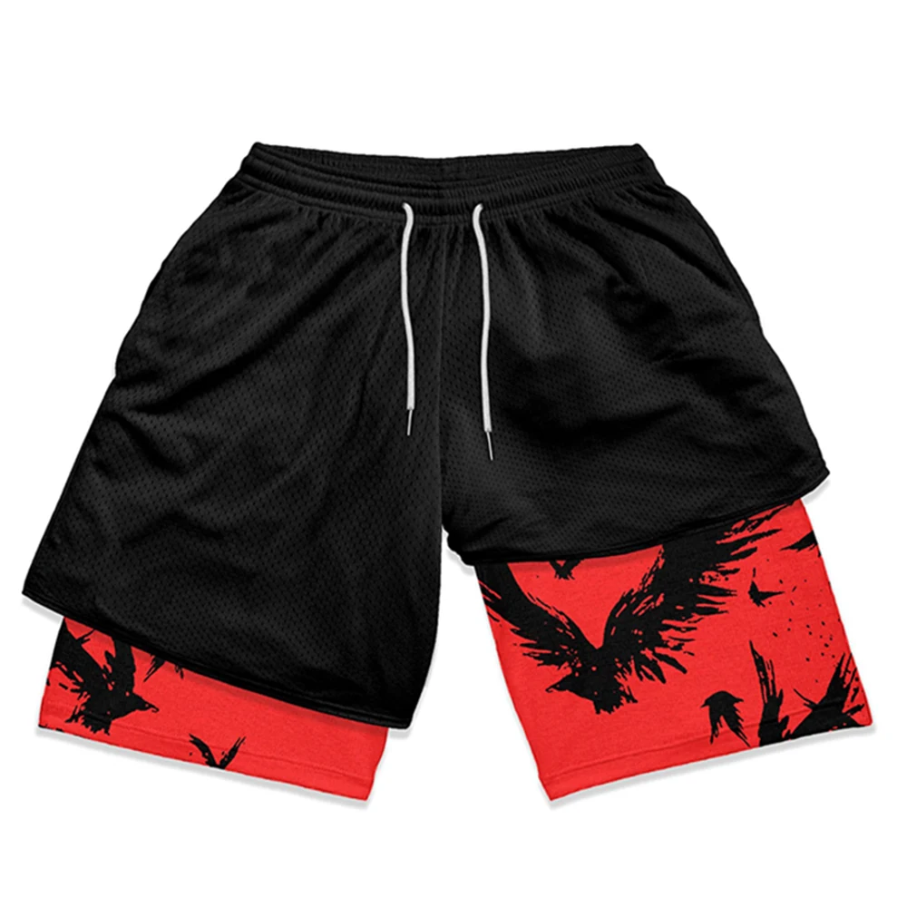 Men's Anime Shorts Print 2 In 1 Bilayer Sport Shorts Casual Quick Dry Running Jogging Performance Shorts Summer