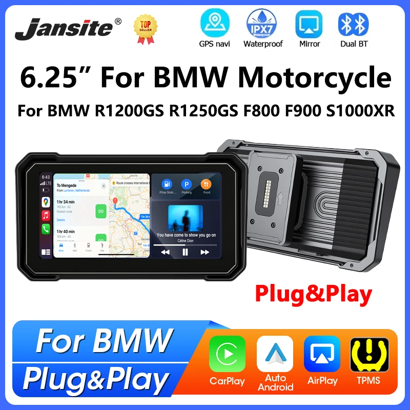 Jansite Portable 6.25 inch For BMW Motorcycle GPS Navigation Wireless CarPlay Android Auto Dual BT Moto Monitor IPX7 Waterproof
