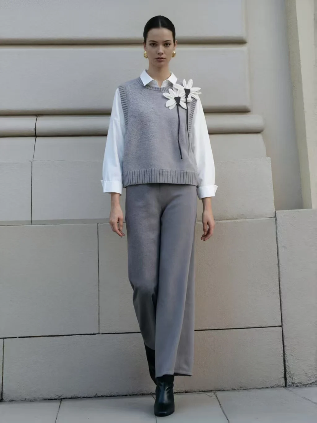 

Осень-зима Элегантная женская рубашка Женская шикарная белая серая трикотажная жилетка Черный кардиган с бантом Повседневные вязаные широкие брюки