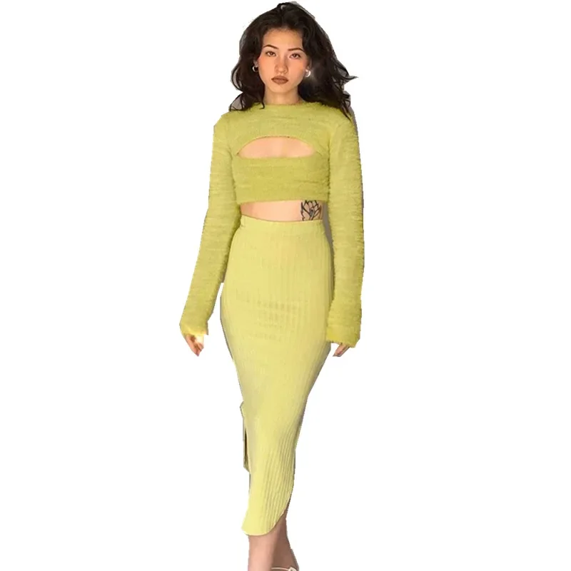Y2k-Pull en peluche en fourrure de vison pour femme, haut court à manches longues, pull chaud, poitrine creuse, mince, vert avocat, sexy, hiver