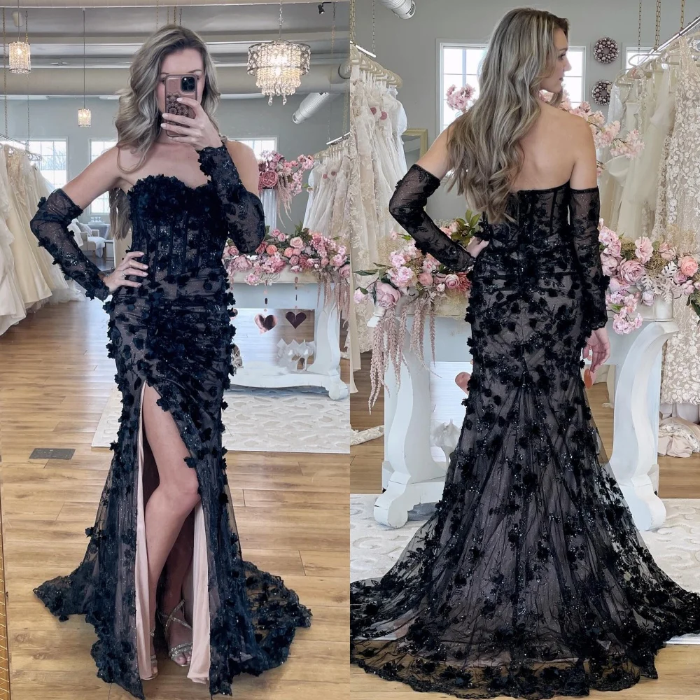 Aangepaste prachtige glitter organza applique gedrapeerde plooi beroemdheid zeemeermin strapless op maat gemaakte gelegenheid jurk lange jurken