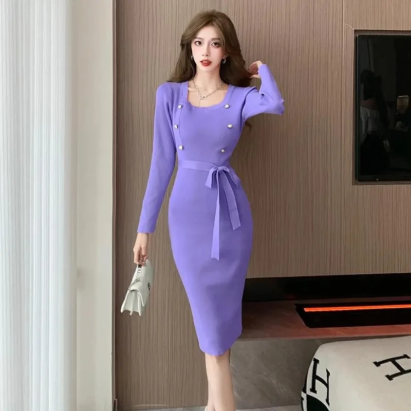 

2024 Autumn Winter Jersey Dress Fashion Buttons Knitting Vintage Vestido Simple Dress Women Casual Party Sheath Pencil Dresses