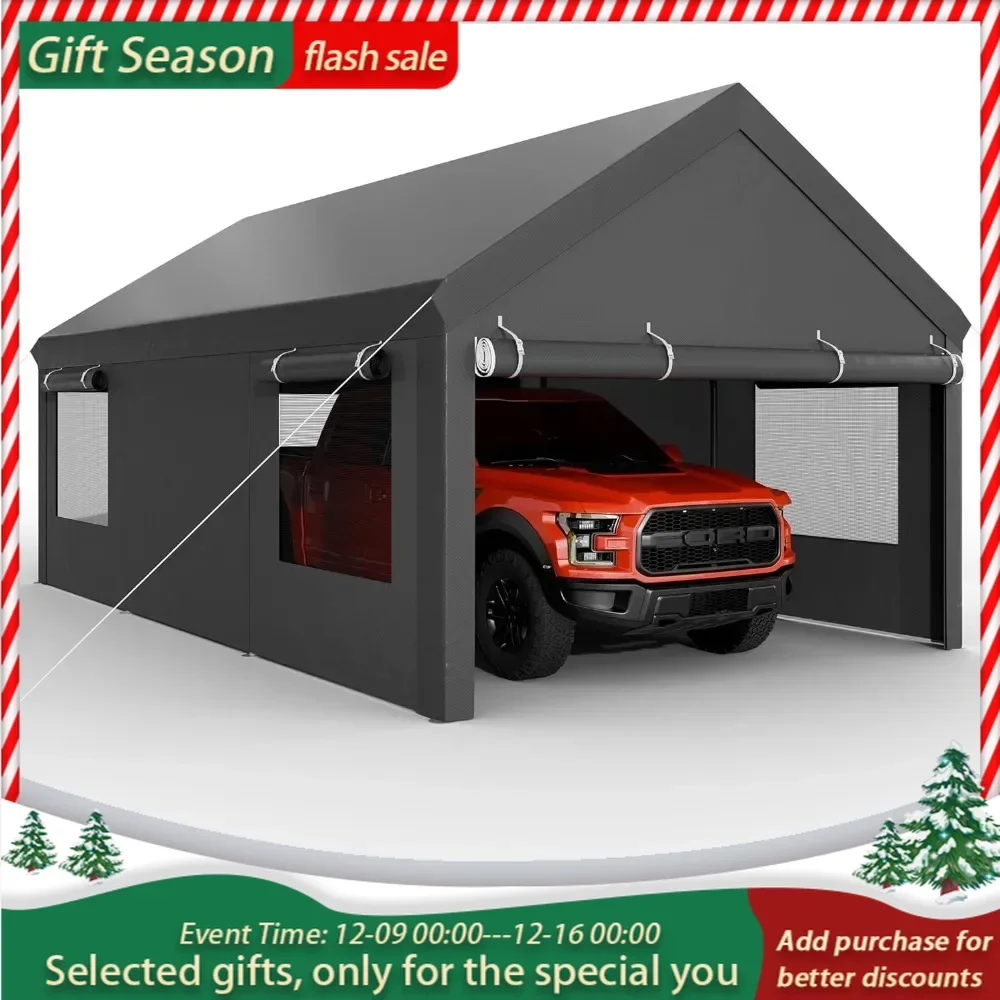 Carport Garage Boat Heavy Duty Carport Canopy With Roll-up Windows Truck Car Canopy 12x18.5 Ft With All-Season Tarp for Car Home