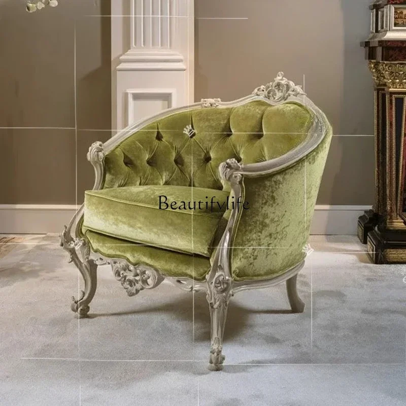 LXFrench solid wood carving flower single sofa chair cloth art pull button living room small apartment European court leisure so