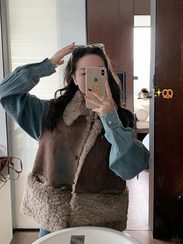 

Зимний теплый жилет Gold Su One из замши, свободного кроя, в корейском стиле, с меховой отделкой, из смесового хлопка, на одной пуговице