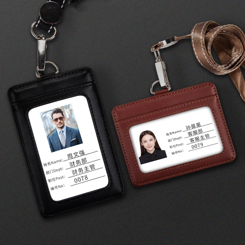 ที่ใส่บัตรประชาชนทำงานชุดทำงานพร้อม Lanyard Badge รถบัส Cowhide พนักงานบัตร Badge ผู้ถือบัตรหนังสำหรับสตรี