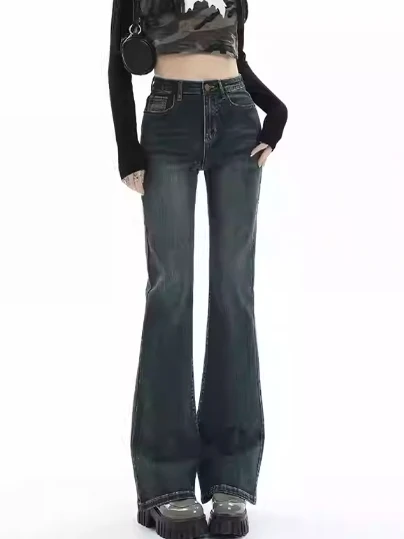 กางเกงยีนส์ทรงบลูมขาบานเอวสูงสำหรับผู้หญิง สไตล์ลำลอง ช่วยให้ดูผอมเพรียว ไซส์ใหญ่ ใส่สบาย ยืดหยุ่น