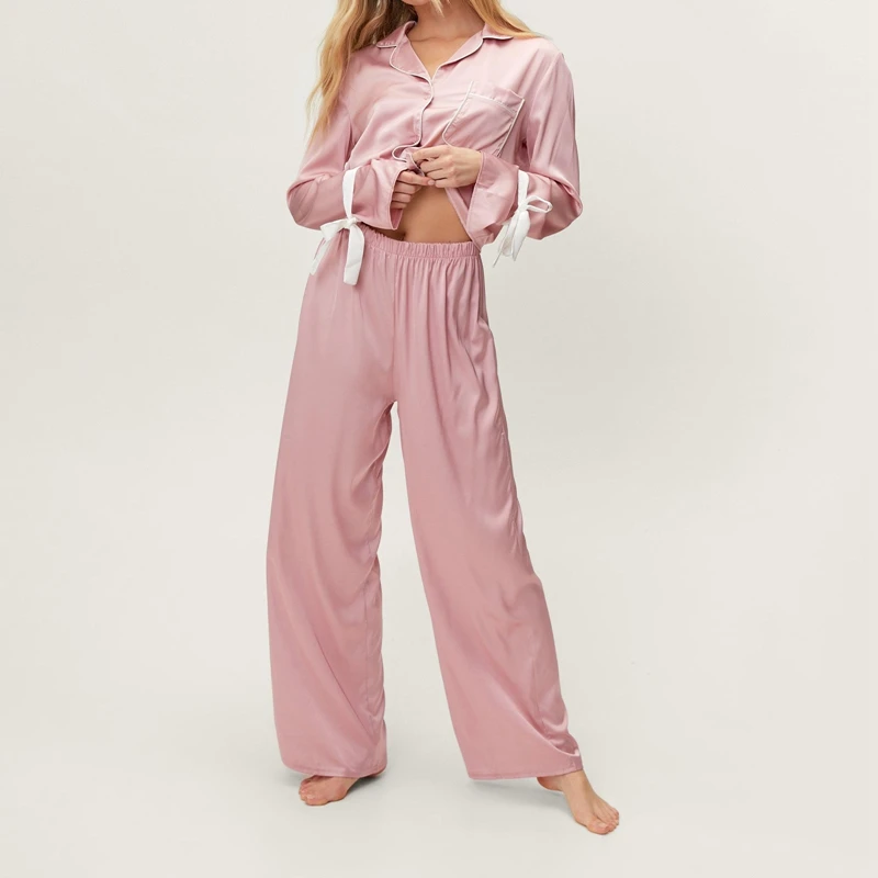 Vintage Satin Loungewear Set Bowknot Long Sleeve Lapel Button Blouse Shirt + Elastic Waist Pants 2 Pieces Sleepwear Pajamas