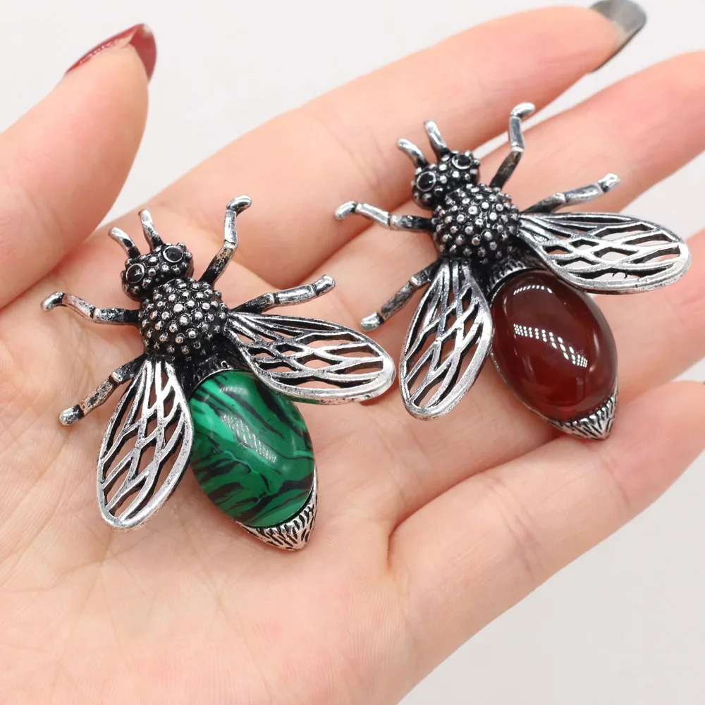 

8PCS Wholesale Price Insect Shape Alloy Pendant Natural Stone Jade Agate Rose Quartzs For Jewelry Making DIY Necklace Earring