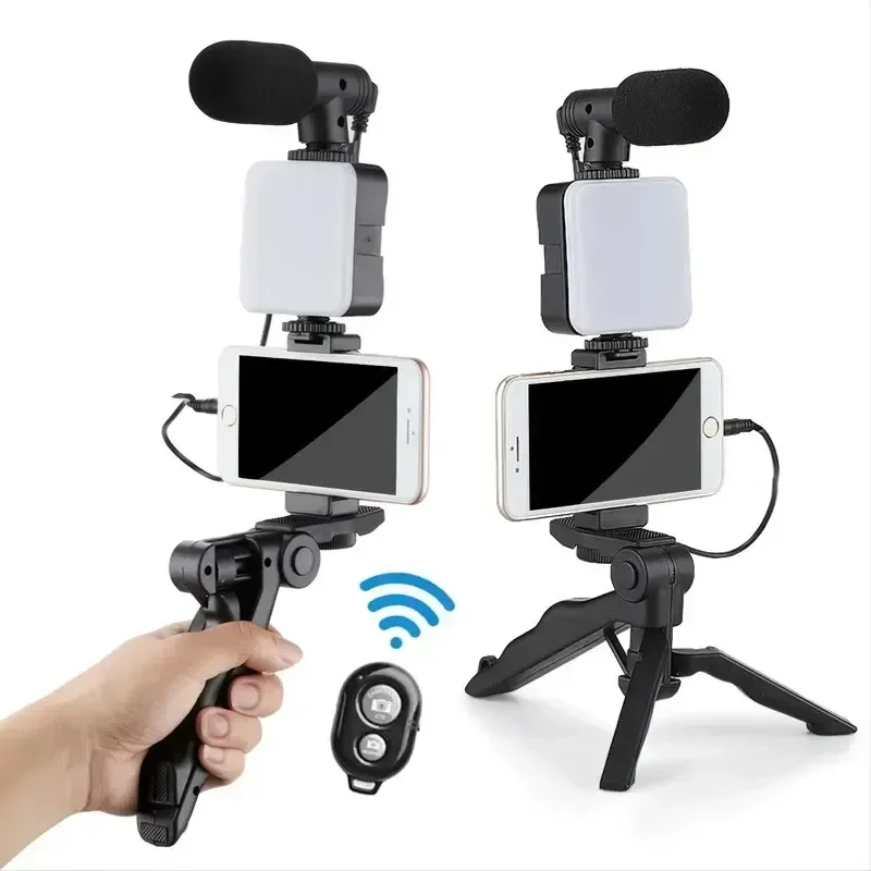 Mini micrófono LED de arranque de luz de relleno para TikTok transmisión en vivo vídeo YouTube Smartphone Vlogging Kit con trípode soporte para teléfono
