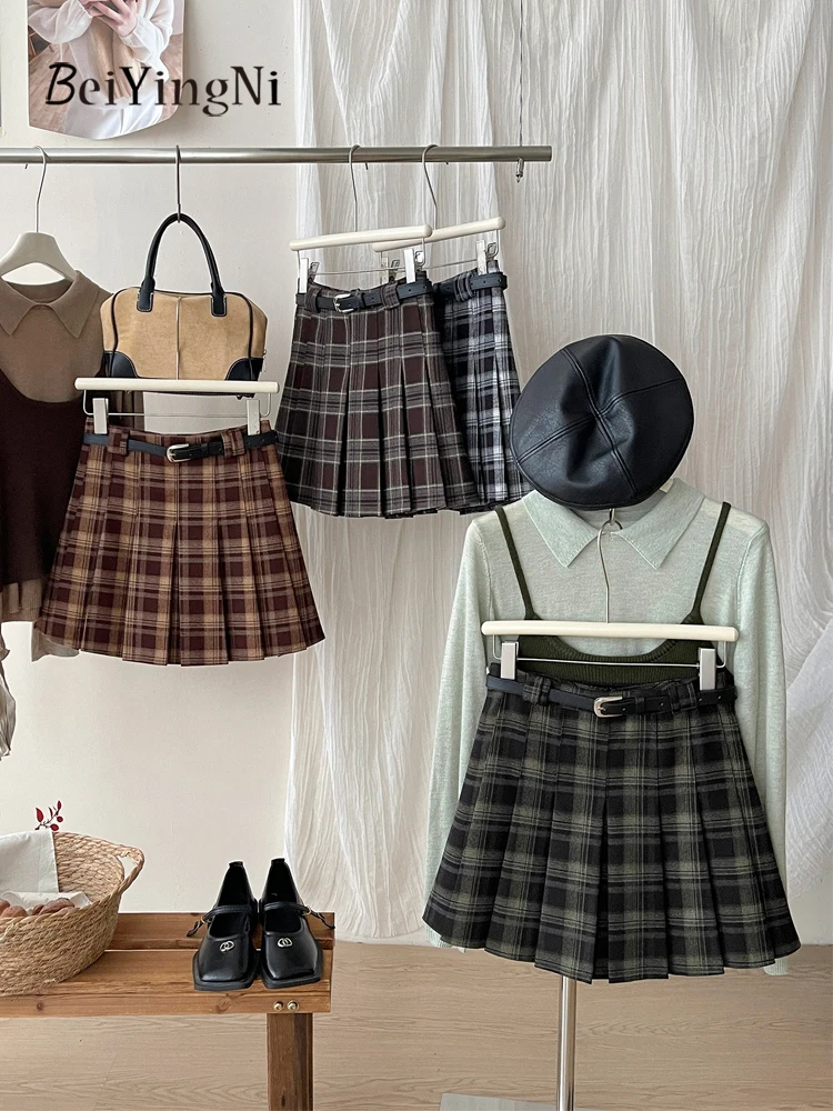 Beiyingni Autumn Winter Y2K Short Skirts Women Casual Harajuku Preppy Style Pleated Skirt Hotgirl Plaid Street High Waist Skirts