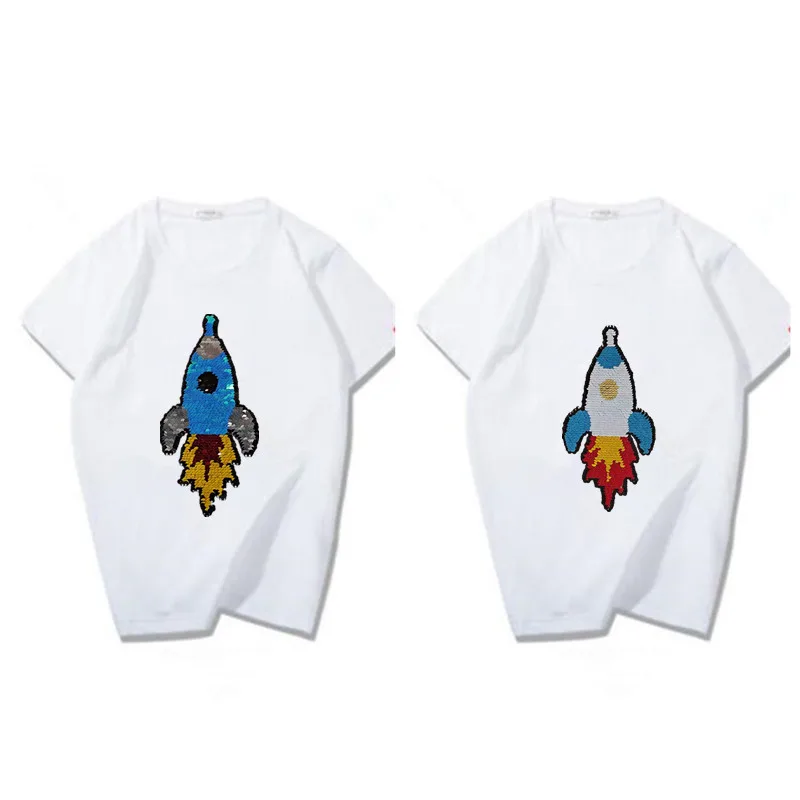 Reversible Sequin Rocket Robot Patch Embroidery Applique Double-Sided Two-Tone Design for DIY Decoration for T-Shirts and Fabric