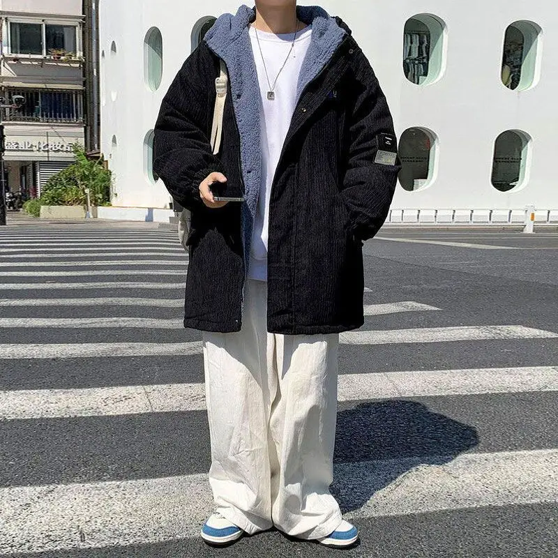 Veste rembourrée en velours côtelé pour homme, manteau à capuche, doublure polaire décontractée, fermeture éclair mi-longue, résistant à l'usure, beau Parkas épais de rue