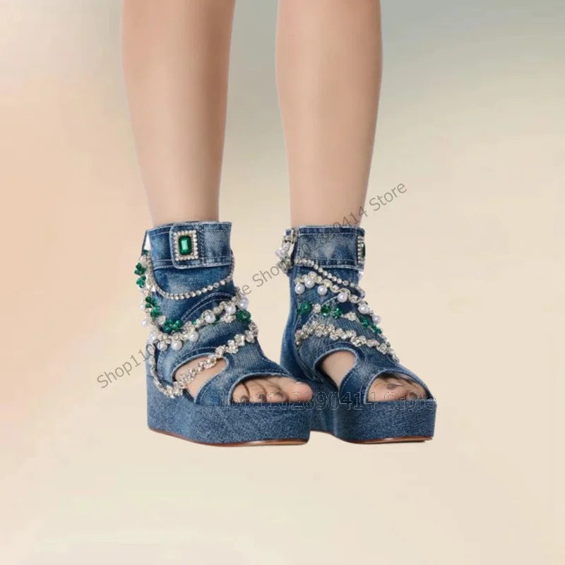 

Blue Denim Crystal Chain Decor Mid Calf Sandals Boots Side Zipper Women Shoes High Top Open Toe Fashion 2024 Zapatos Para Mujere