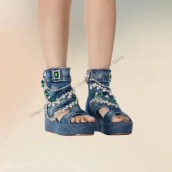 Blue Denim Crystal Chain Decor Mid Calf Sandals Boots Side Zipper Women Shoes High Top Open Toe Fashion 2024 Zapatos Para Mujere