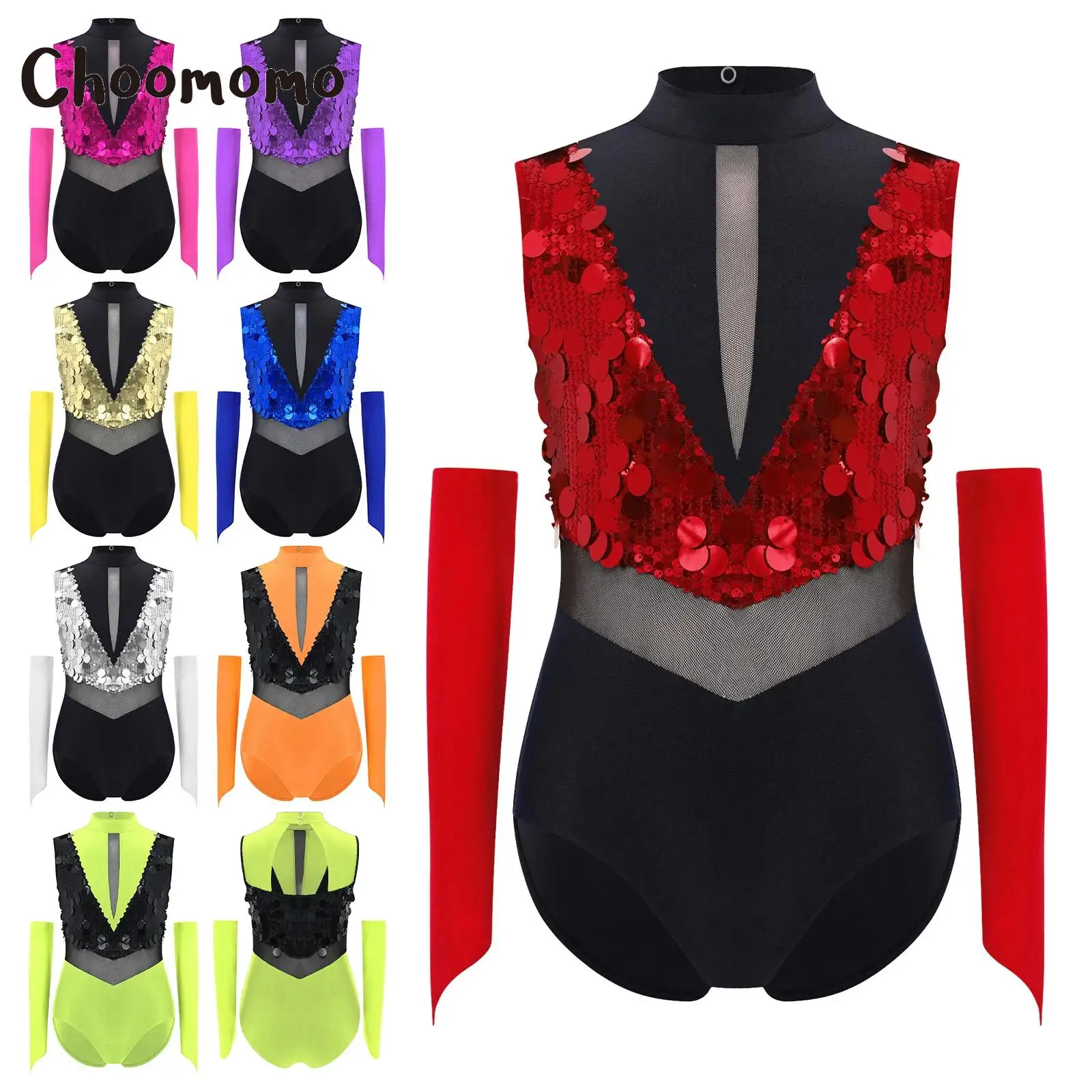 

Kids Girls Sequins Ballet Gymnastics Dance Leotard with Gloves Latin Jazz Performance Outfit Sleeveless