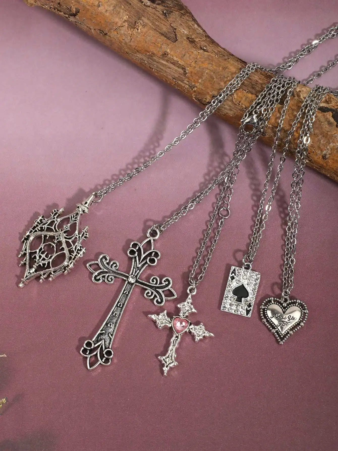 5pcs Gothic Style Cross & Heart Spade A Pendant Necklace Set For Women