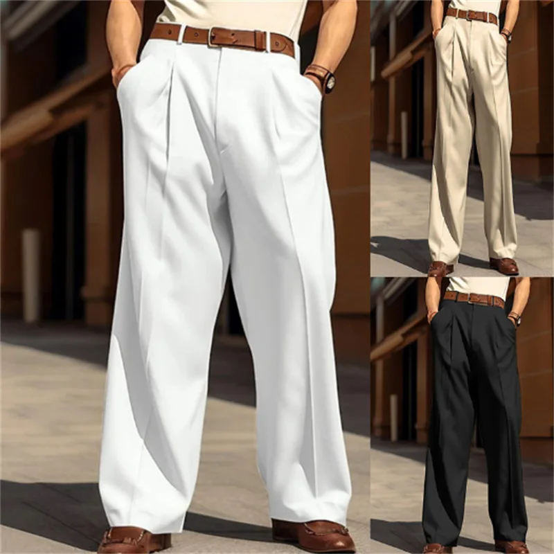 Men's Solid Color Casual Business Trendy Daily Simple Basic Wide Leg Straight Suit Trousers American Fashion Male Pants Clothes