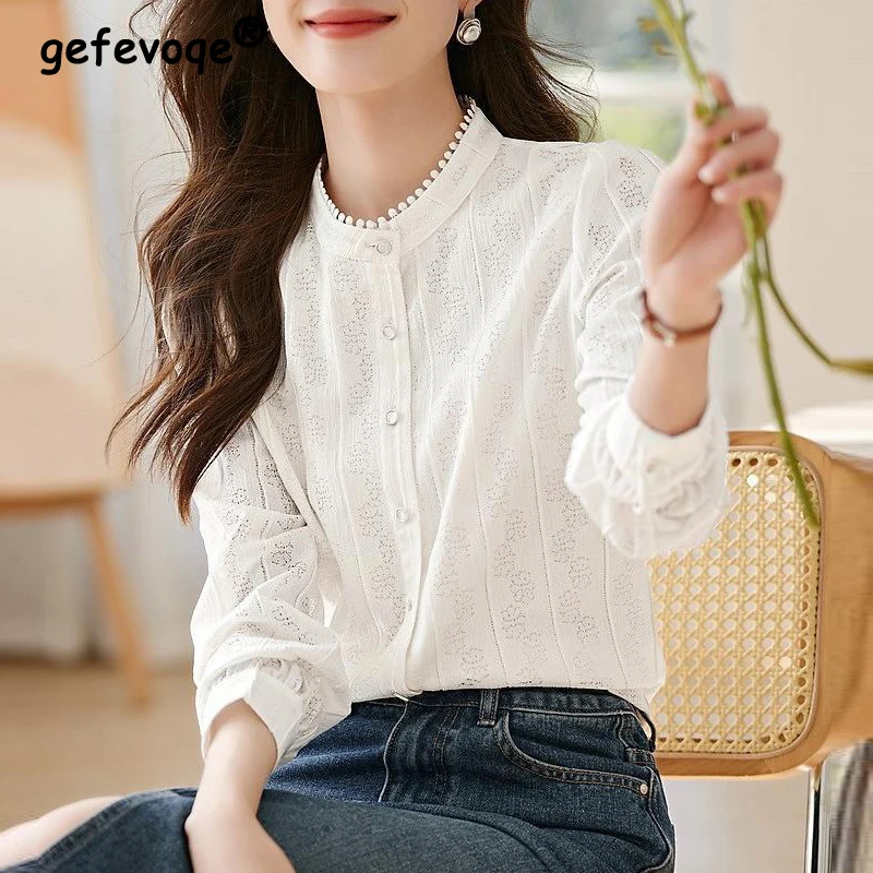 Women Korean Fashion Hollow Lace Button Up Shirt Office Lady Elegant Stand Collar Blouse White Long Sleeve Slim Tops Blusas 2024