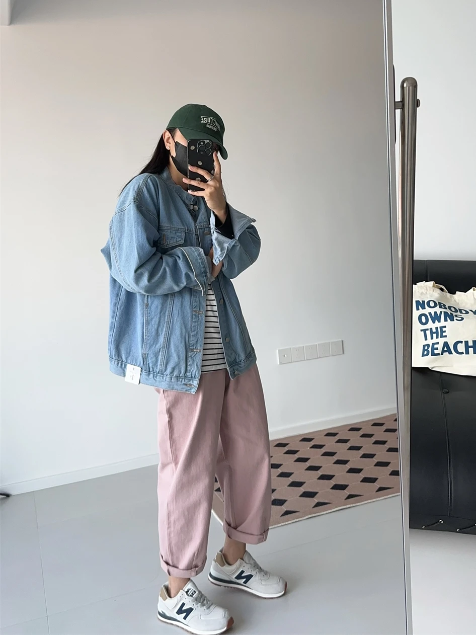 

Classic Loose Denim Jaet New Autumn 2023 Korean Sle Street Faion Pure Color Long Sve Button up Casual Top