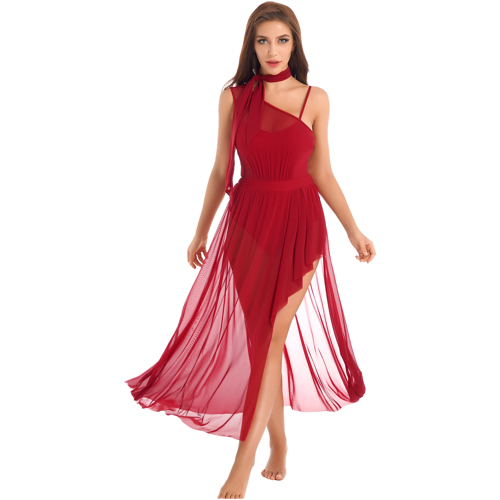 Womens split malha lírico vestido de dança de salão trajes desempenho assimétrico manga vestidos ballet bailarina vestido de dança