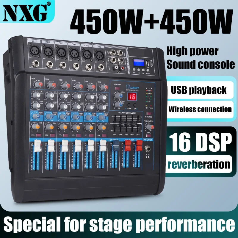 Factory Direct NXG Professional Power Amplifier Mixer 4/6 Channel 350W+350W/450W+450W 16DSP Reverberation Bluetooth Wireless USB Playback 48V Phantom Power Audio Mixing Console For Stage Karaoke Live Show