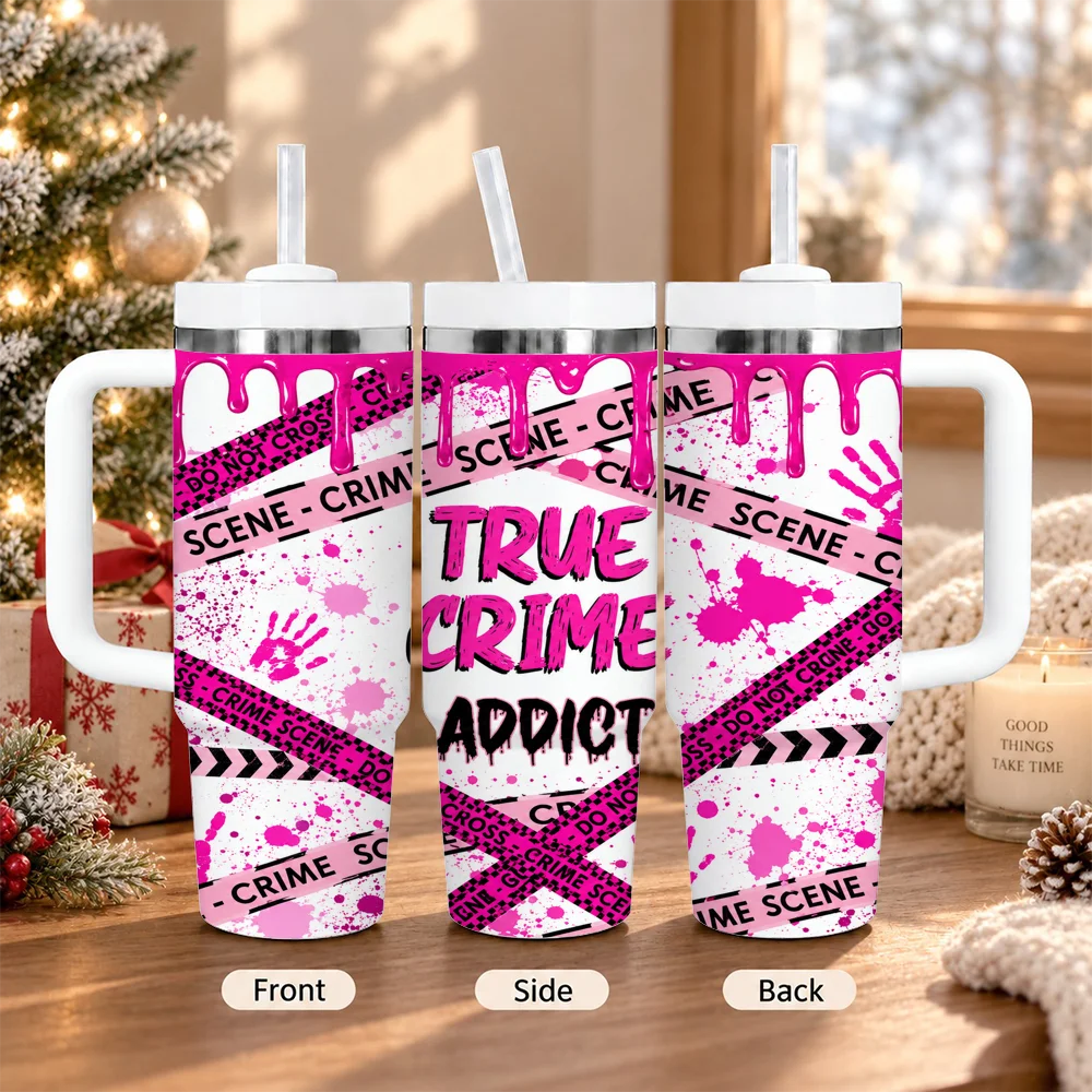 True Crime Addict Vacuum Flasks 40oz Insulated Stainless Steel Tumbler with Handle & Straw, Hot Cold Gift Cup
