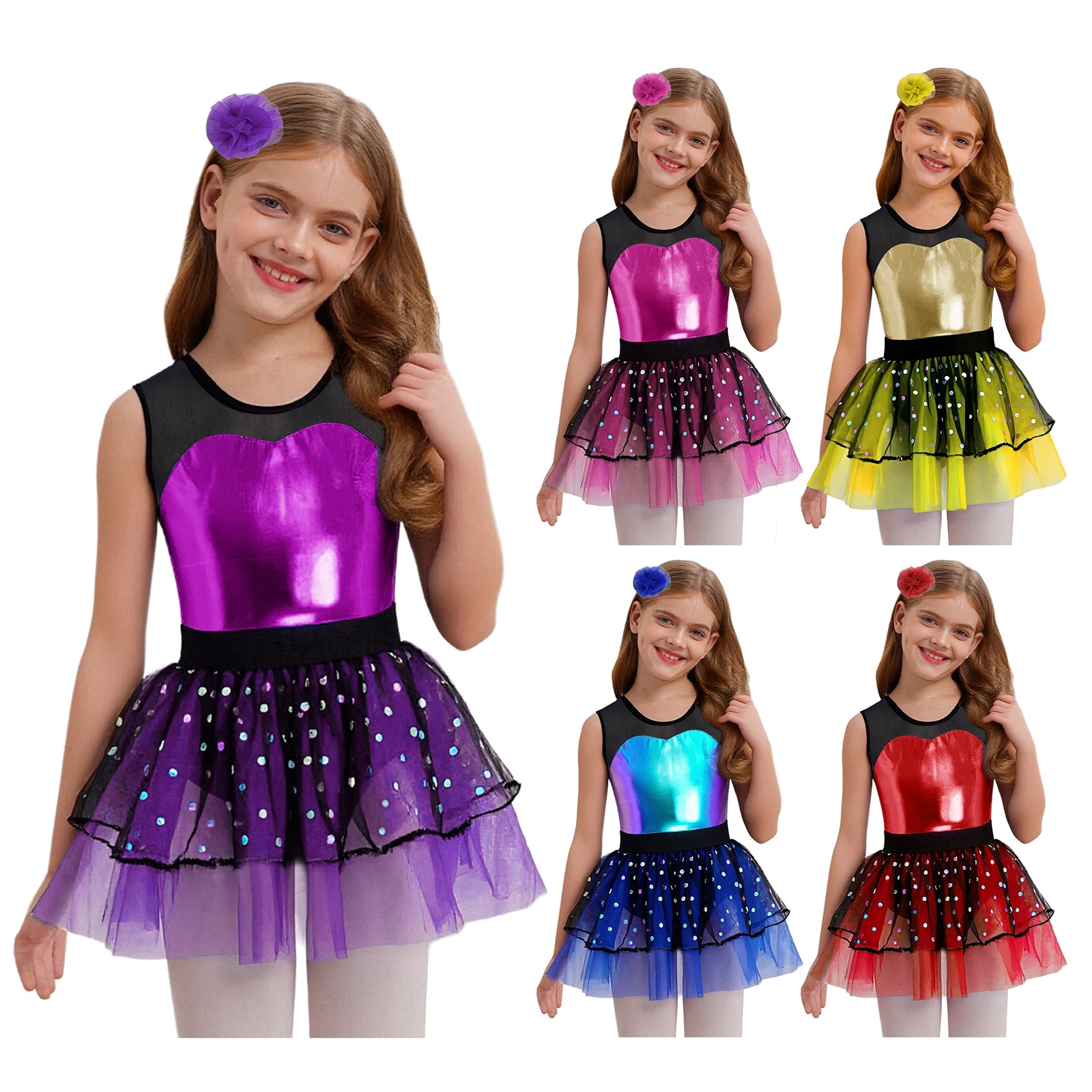 Girls Kids Ballet Leotard Dress 2Pcs Sleeveless Sheer Mesh Patchwork Metallic Bodice Tutu Dress+Headwear Jazz Dance Performance
