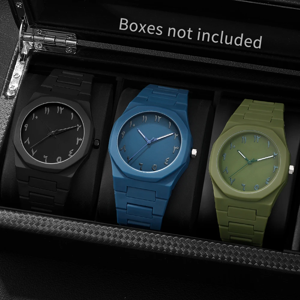 3pcs fashionable and casual men's plastic strap quartz watch combination set, suitable for daily wear and holiday gifts