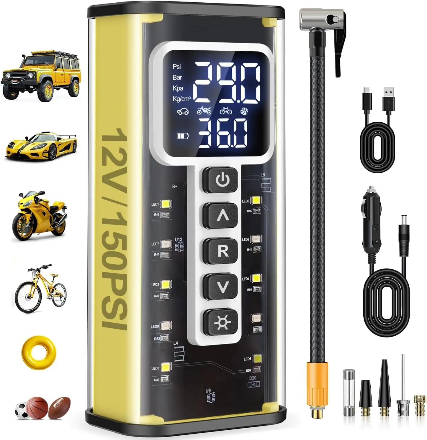 

Portable Air Compressor 20000mAh, 150PSI Tire Inflator, 12V AC/DC Dual Power, Smart 5X Fast Inflation for Car SUV Bike