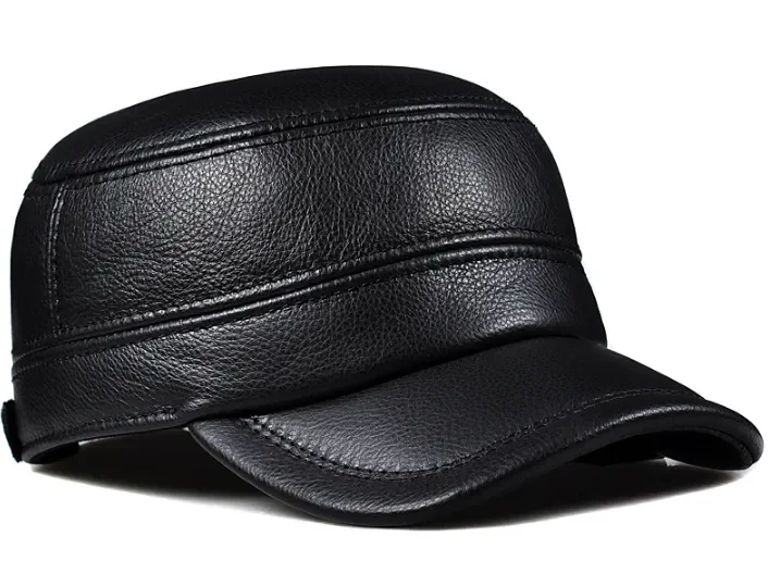 Winter Genuine Leather Cap Men's Flat Caps Military Hat Elegant Man Baseball Cap British Vintage Cowhide Ear Warm Hat