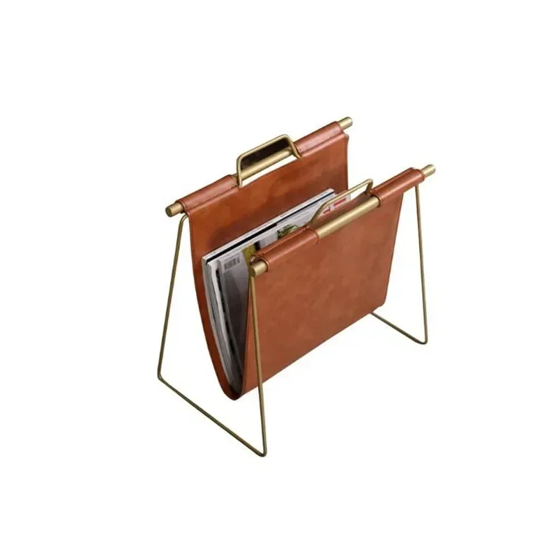 Plated Metal Wire and Faux Leather Magazine Holder Rack Standing For Magazines Books Newspapers Home Staging Show RoomDecoration