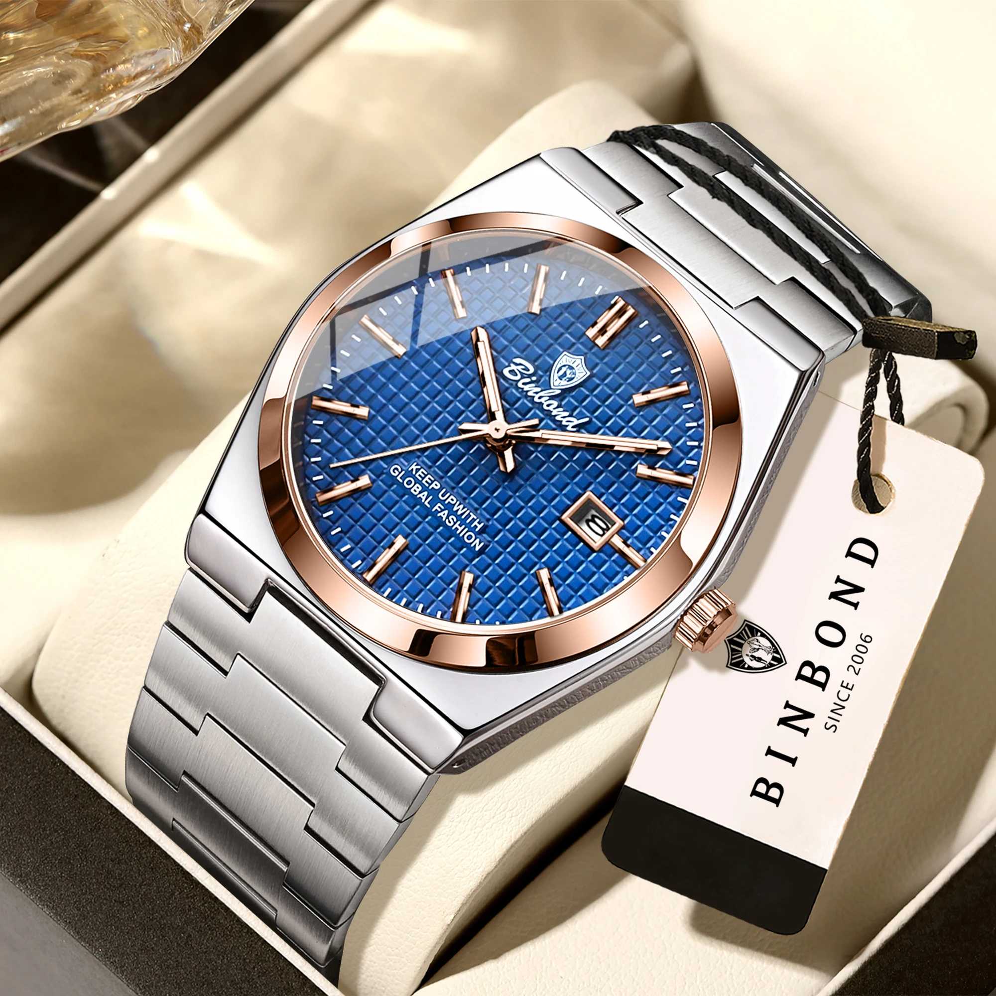 BINBOND Watches for Man Luxury Auto Date Luminous 3AT Stainless Steel Bracelet Scratch Resistant Hardlex B1128 Quartz Wristwatch
